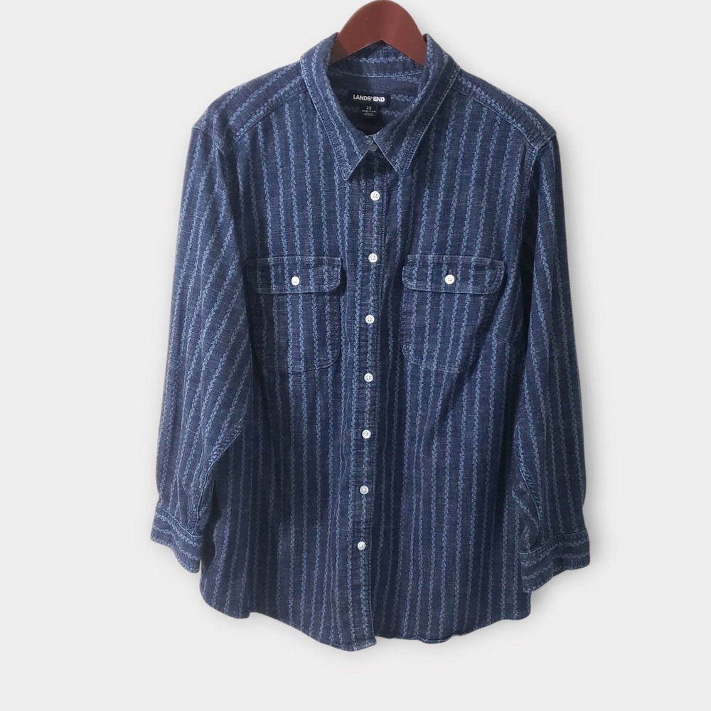 Lands End Womens 2X Blue Denim Vine Pattern Button Down Shirt Long Sleeve Cotton